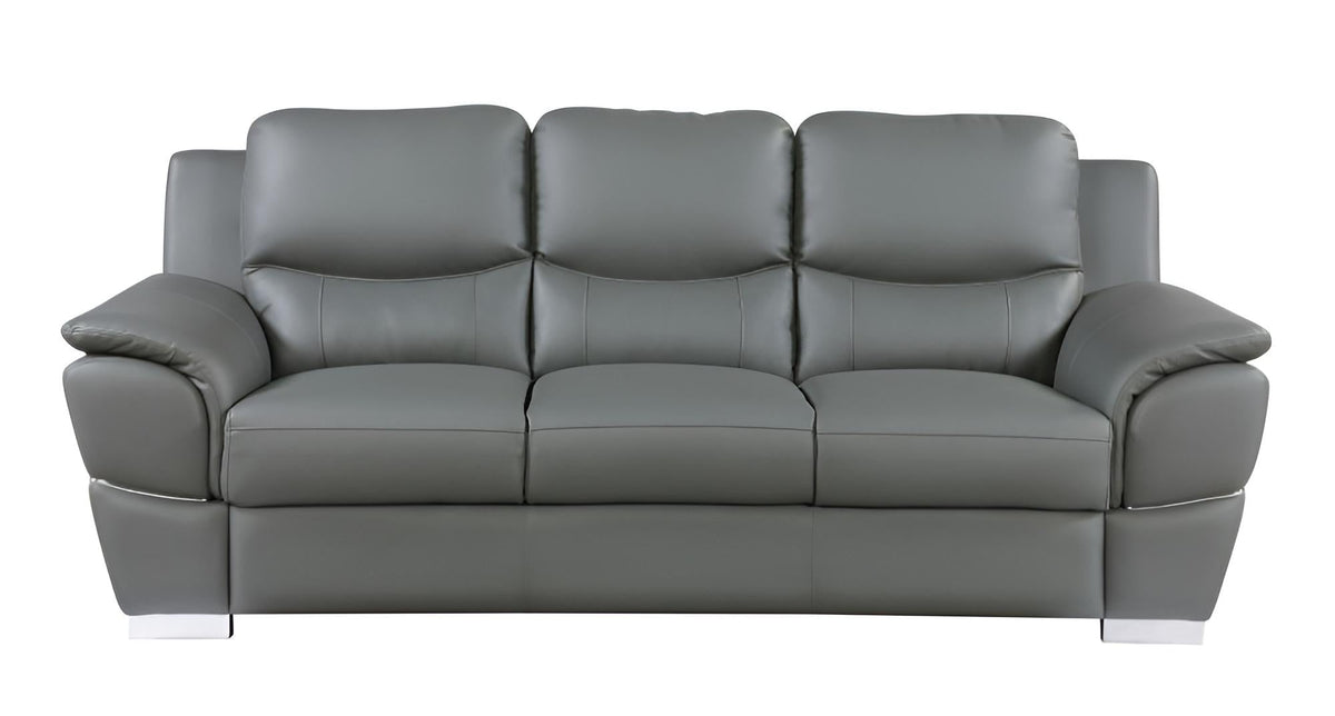The Halston – 85" Gray Leather Sofa With Silver Legs