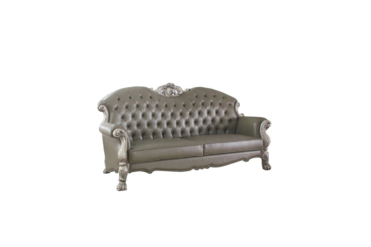 The Oryndal – 96" Bone Faux Leather Sofa with Toss Pillows & White Legs