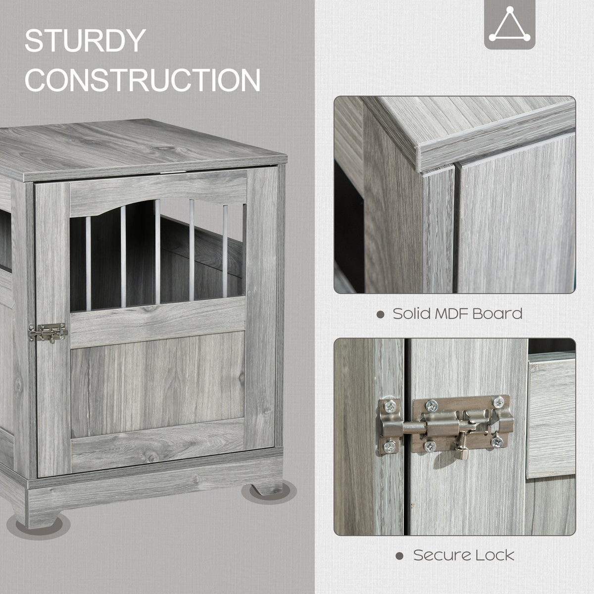 Furniture Stylish Dog Kennel, Wooden & Wire End Table with Cushion & Lockable Door, Miniature Size Pet Crate Indoor Puppy Cage, Grey