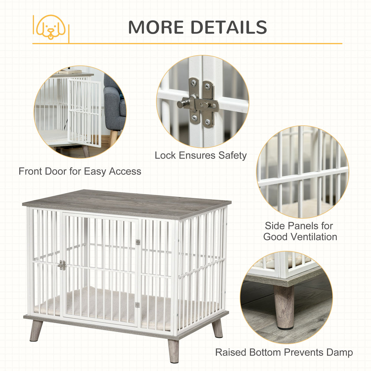 Dog Crate, Furniture Style Pet Cage Kennel, Decorative Dog House, with Soft Cushion, Wooden Top, for Small & Medium Dogs, Indoor Use, Grey