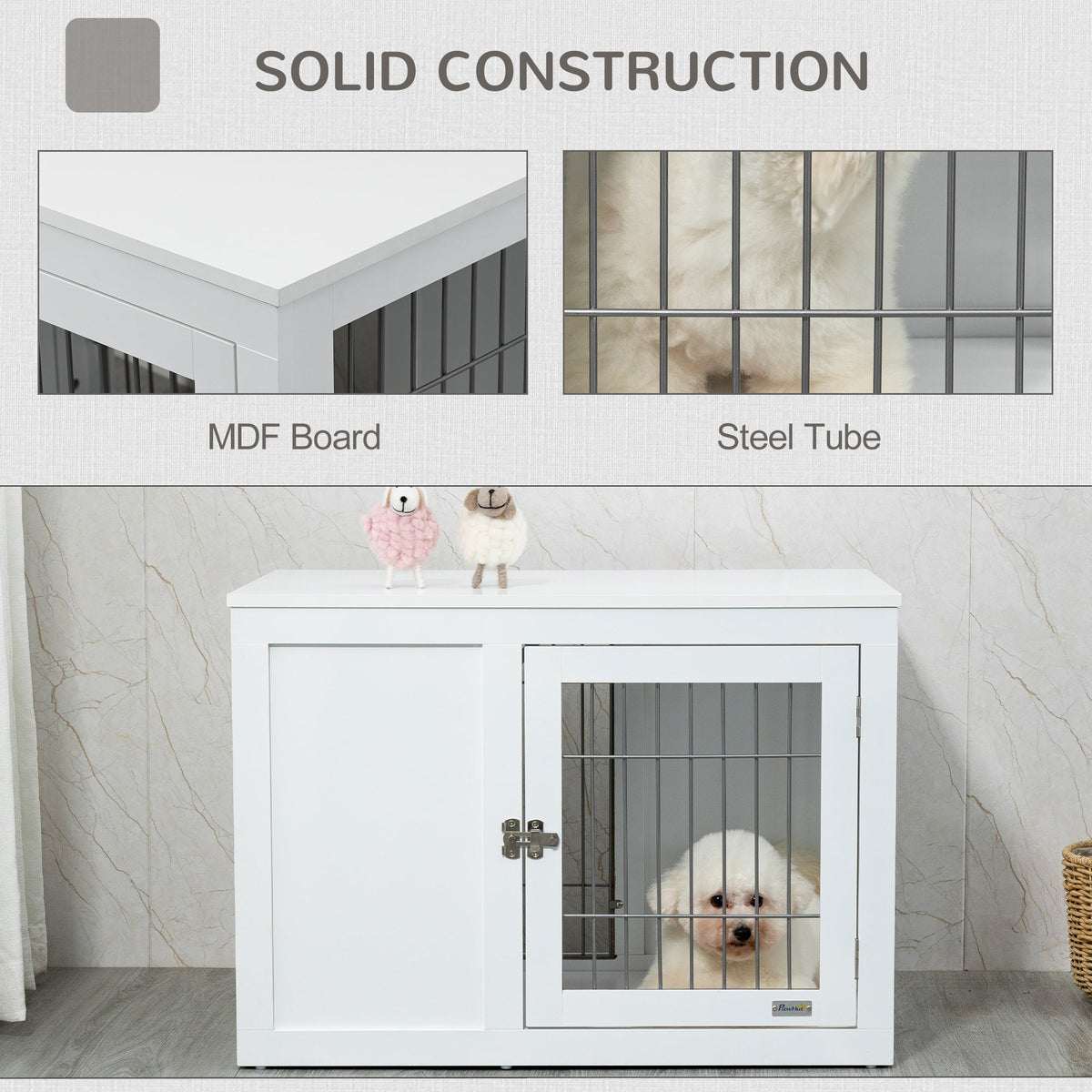 Furniture Style Indoor Dog Crate, End Table Pet Cage Kennel with Double Doors, and Locks, for Small and Medium Dogs, White