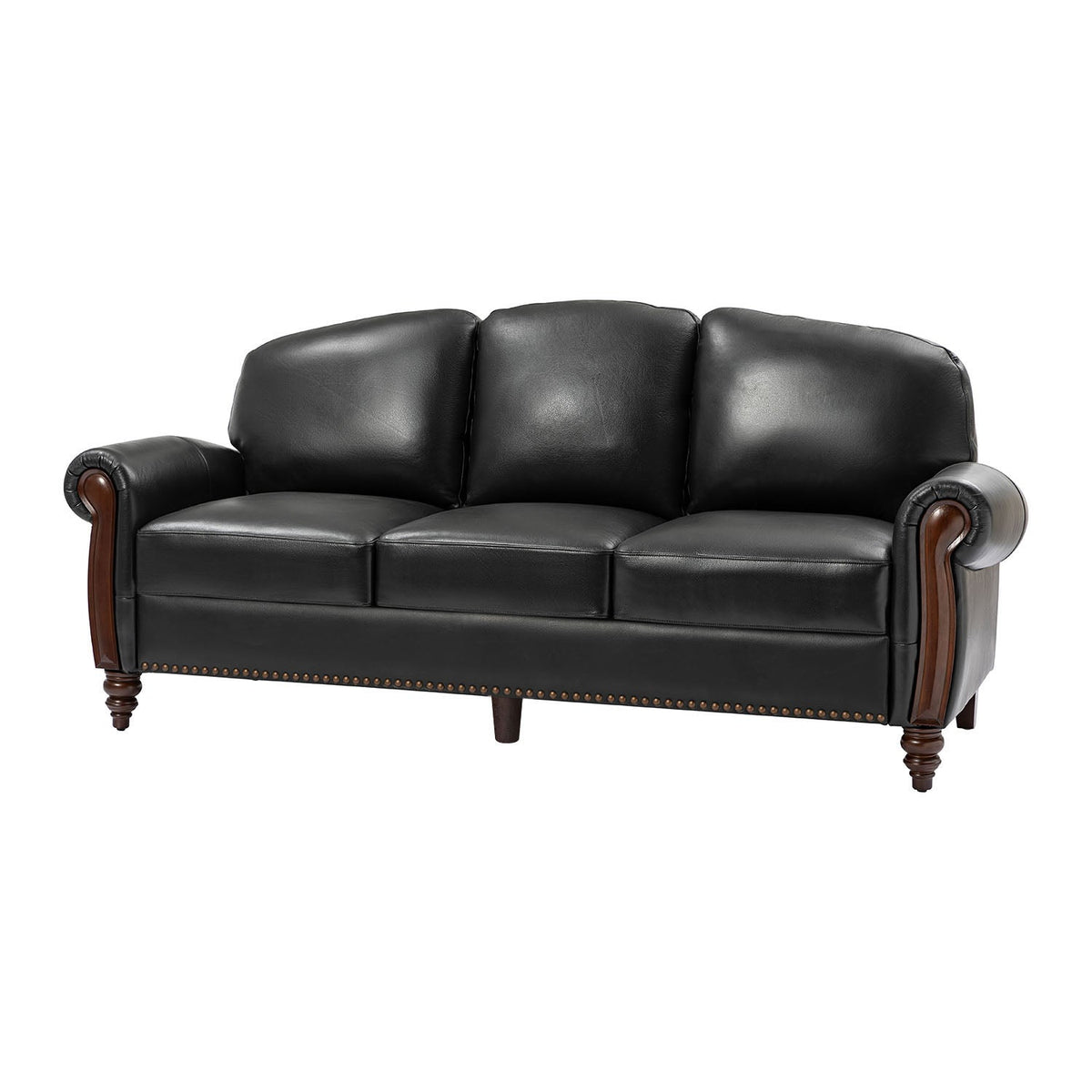 Dietmar Genuine Leather Sofa – Black Curved Leather Nailhead Sofa