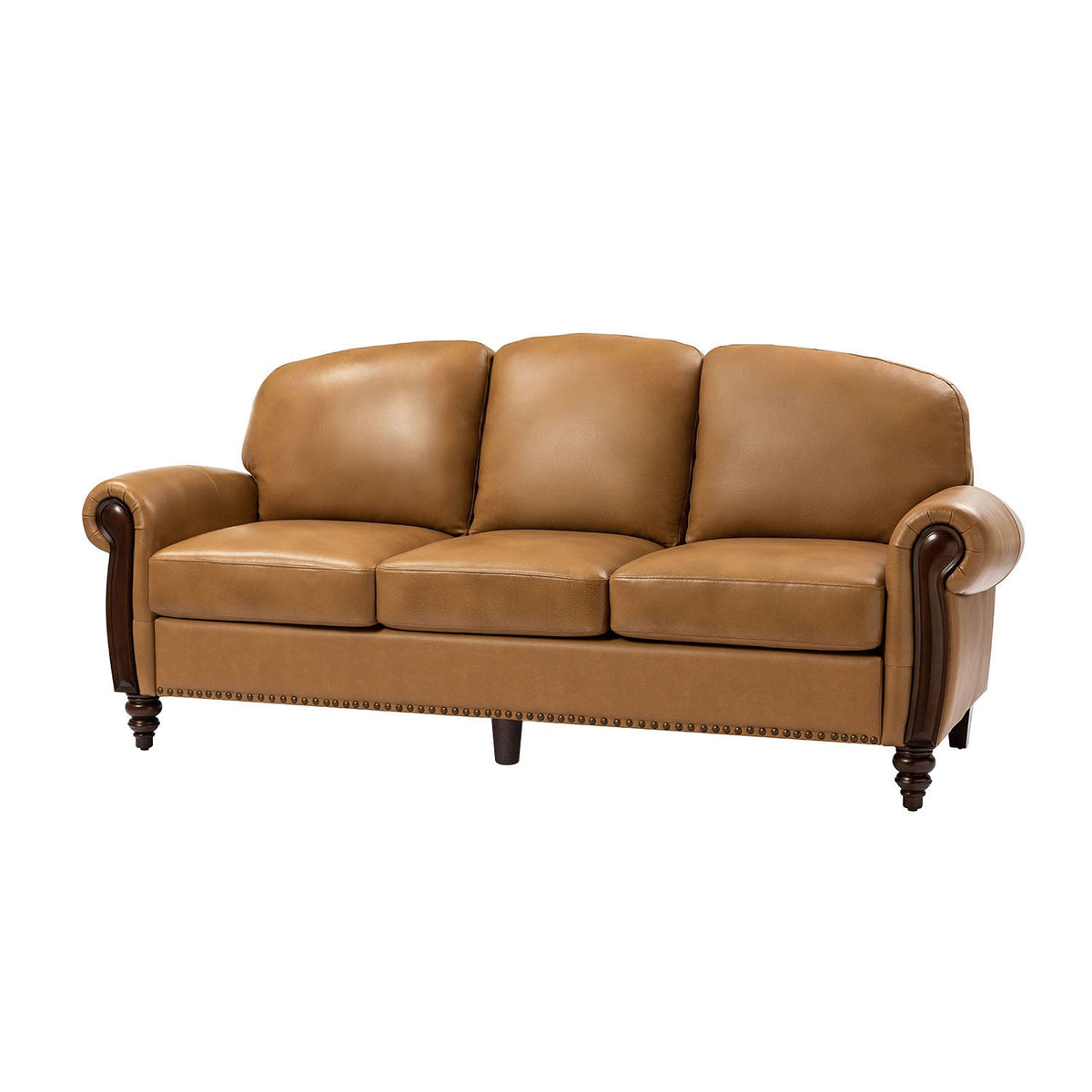 Dietmar Genuine Leather Sofa – Camel Curved Leather Nailhead Sofa
