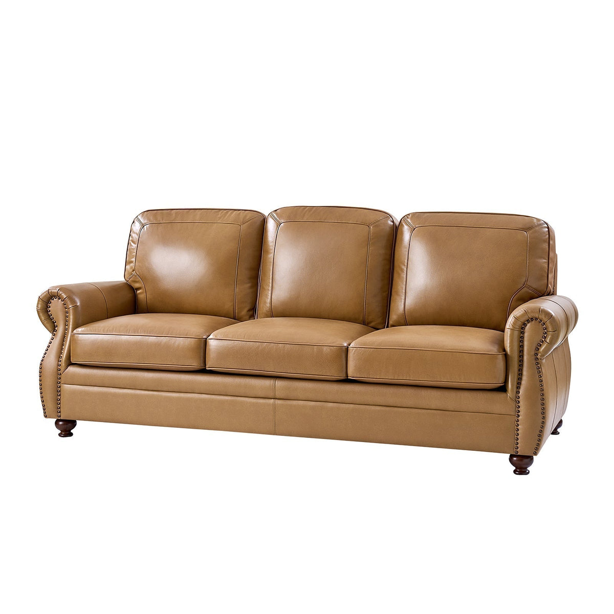 Gerardo Genuine Leather Sofa – Camel Rolled Arm Nailhead Sofa