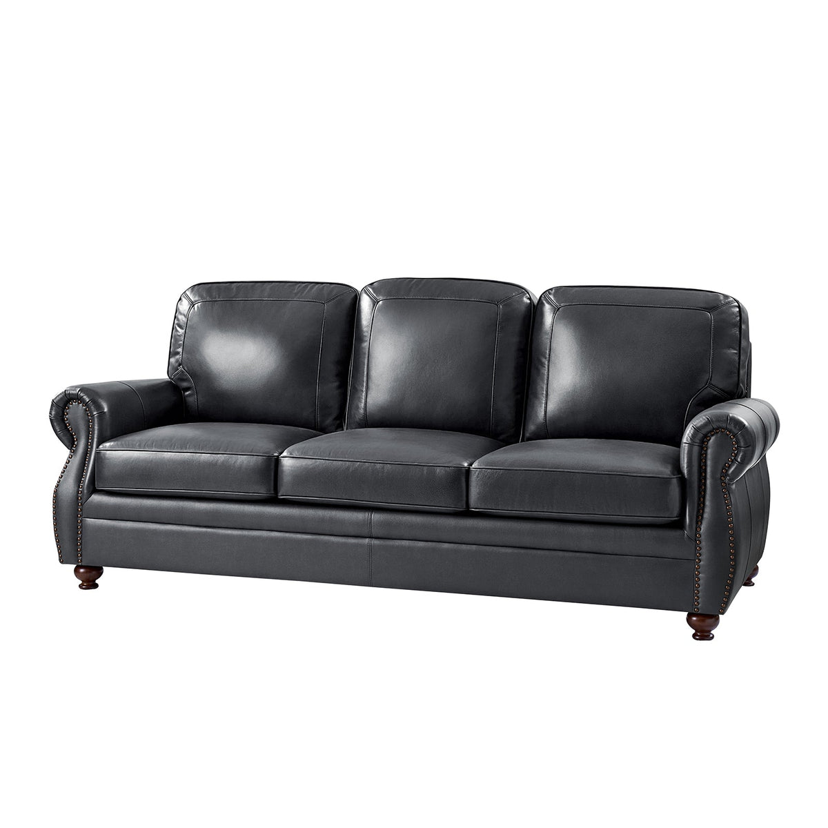 Gerardo Genuine Leather Sofa – Navy Blue Rolled Arm Nailhead Sofa