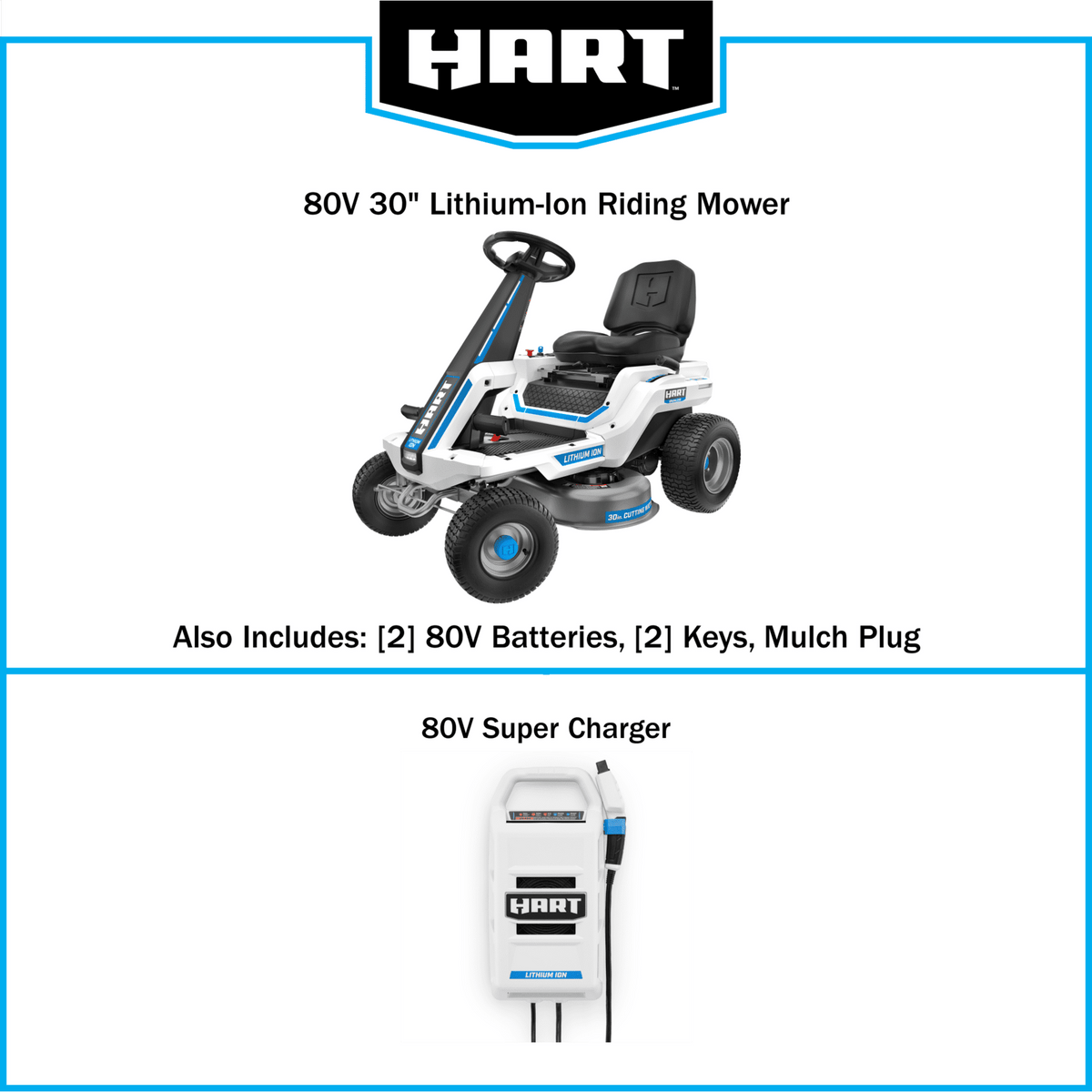 HART 80-Volt 30-Inch Lithium-Ion Electric Riding Lawn Mower Kit with Super Charger (H80RM011)