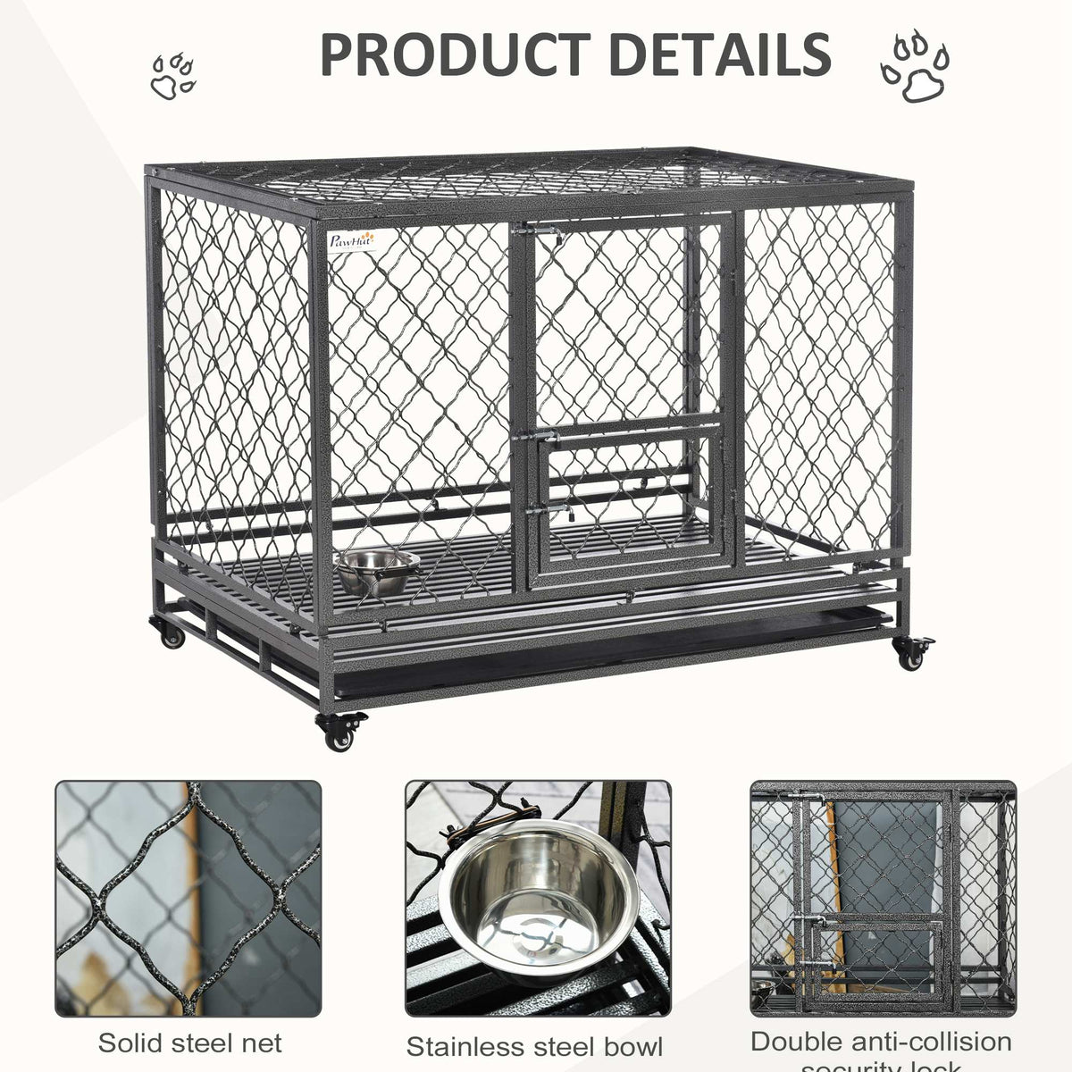 Heavy Duty Dog Cage Metal Kennel and Crate Dog Playpen with Lockable Wheels, Slide-out Tray, Food Bowl and Double Doors