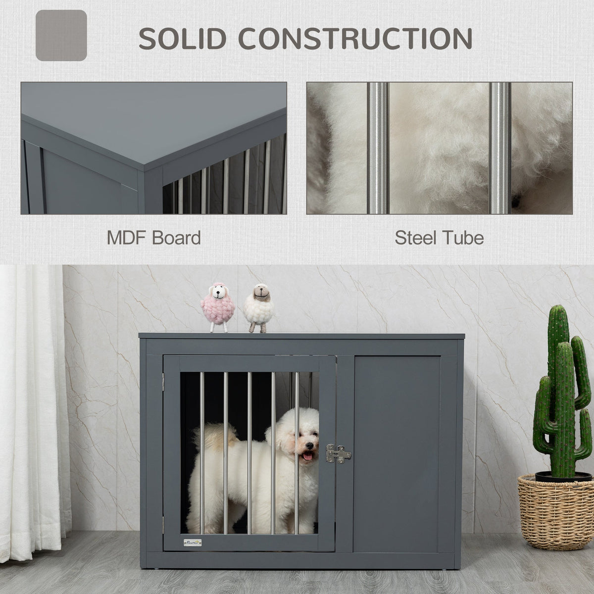 Furniture Style Indoor Dog Crate, End Table Pet Cage Kennel with Double Doors, and Locks, for Medium Dogs, Grey