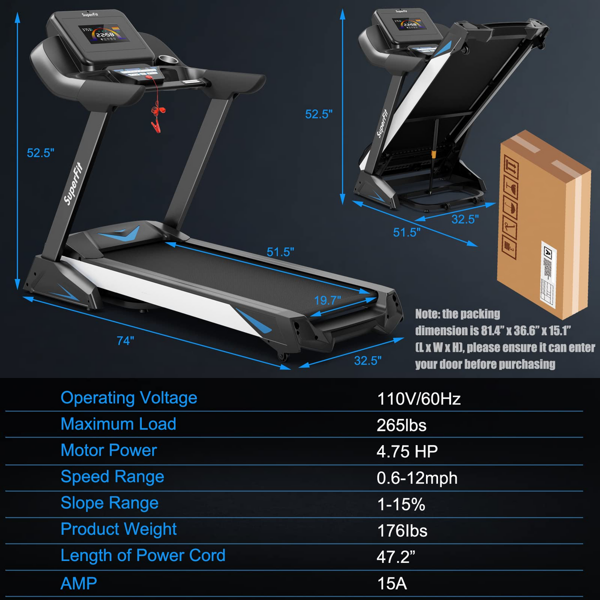 Goplus 4.75HP Folding Treadmill with 15% Auto Incline and APP, Commercial Heavy Duty Superfit Treadmill with 20 Preset Programs