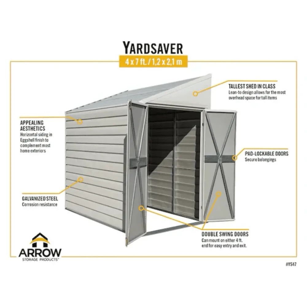 Arrow Yardsaver 4 x 7 ft. Galvanized Steel Lean-To Outdoor Storage Shed, Eggshell