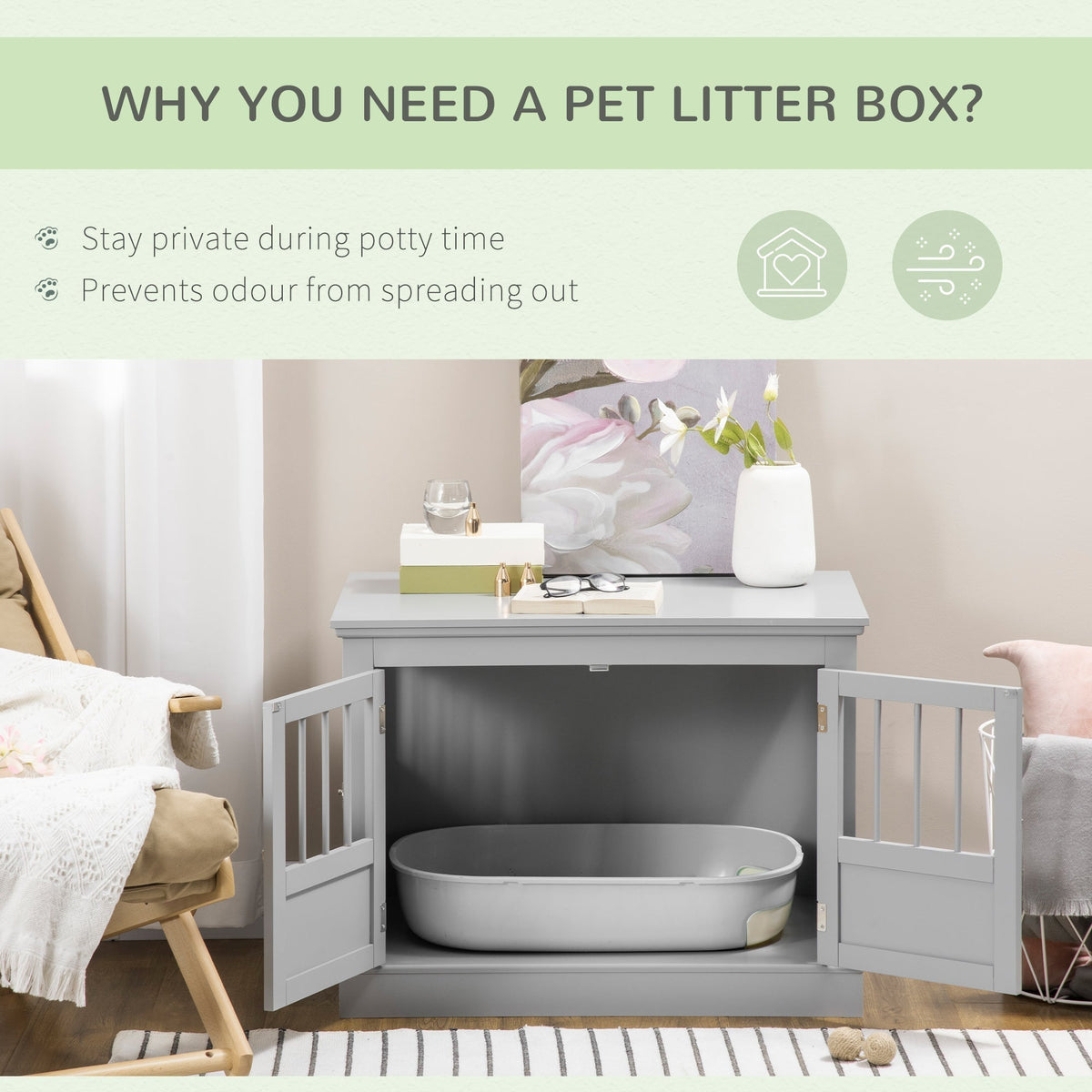 Cat Litter Box Enclosure with Magnetic Doors, Cat Washroom Nightstand with Large Top, Hidden Litter Box Side Table with Latches, Dark Grey