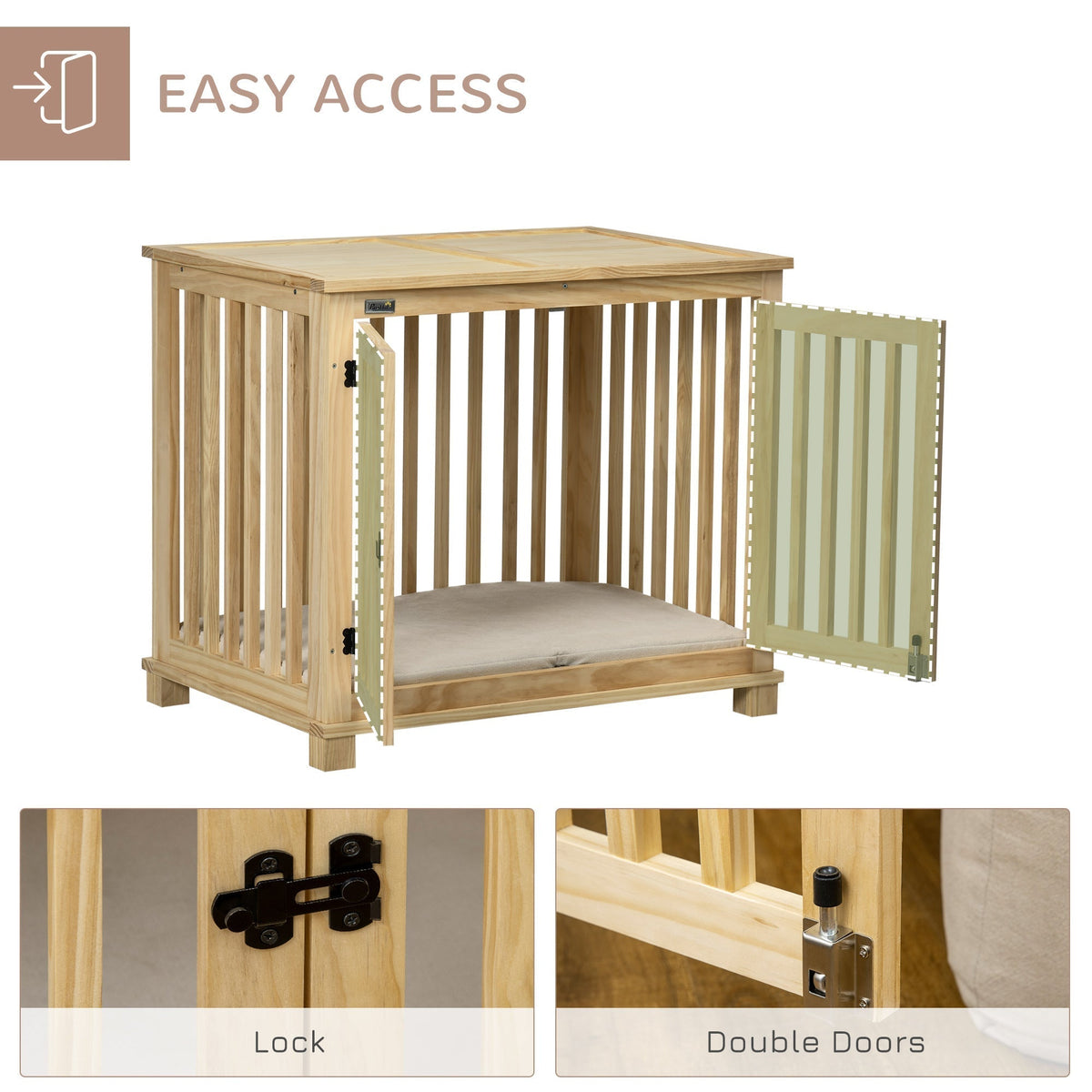 Wooden Dog Crate Furniture with Soft Cushion, Dog Crate End Table with Double Doors, Indoor Pet Crate for Small Medium Dogs