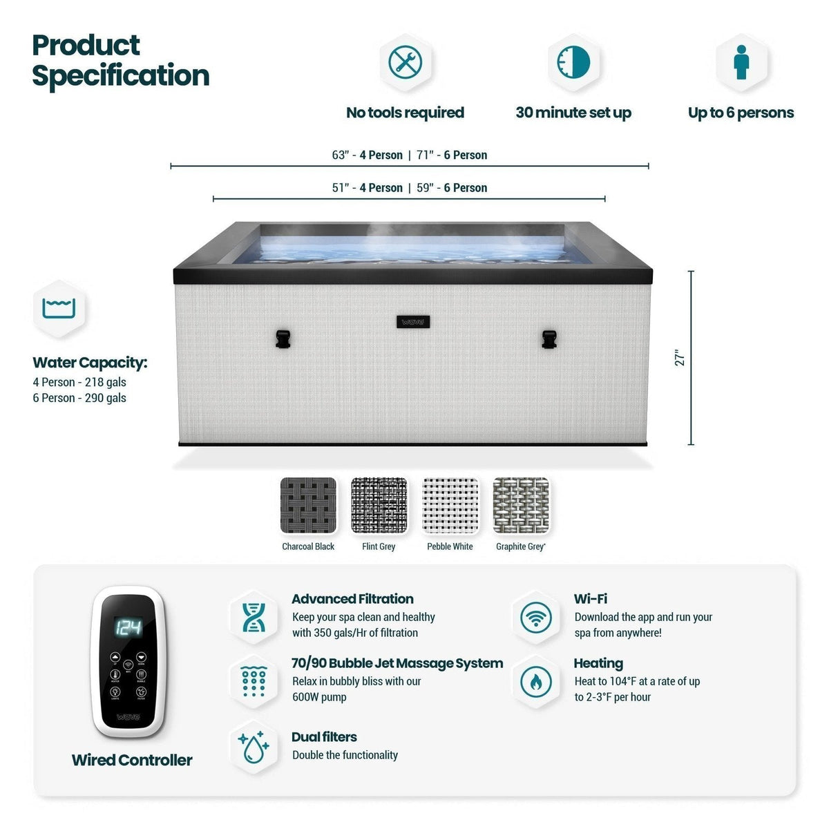 Wave Garda | 4-Person Eco Foam Hot Tub | Integrated Heater | Charcoal Black