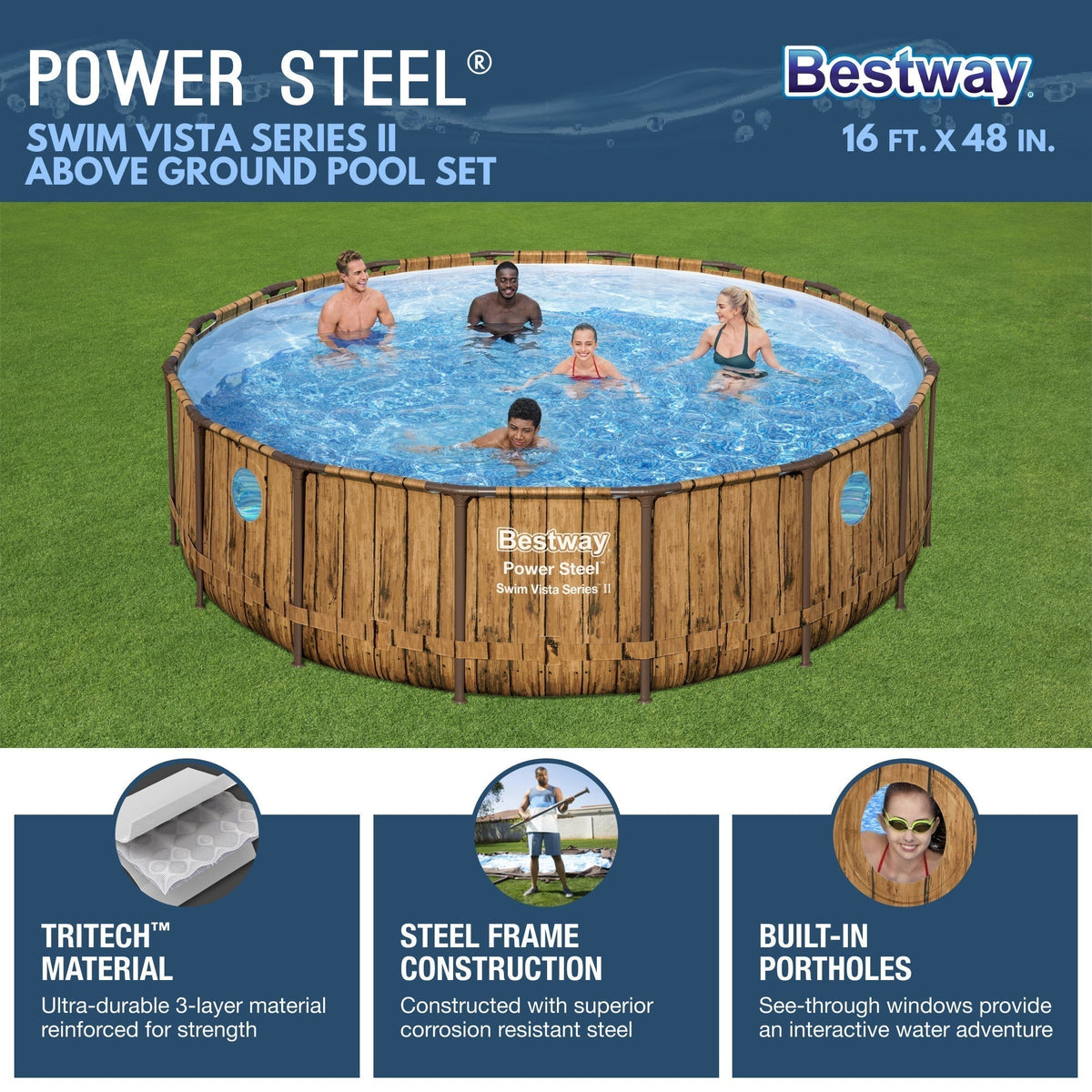 Bestway Power Steel Swim Vista 16' x 48" Round Above Ground Swimming Pool Set image 1