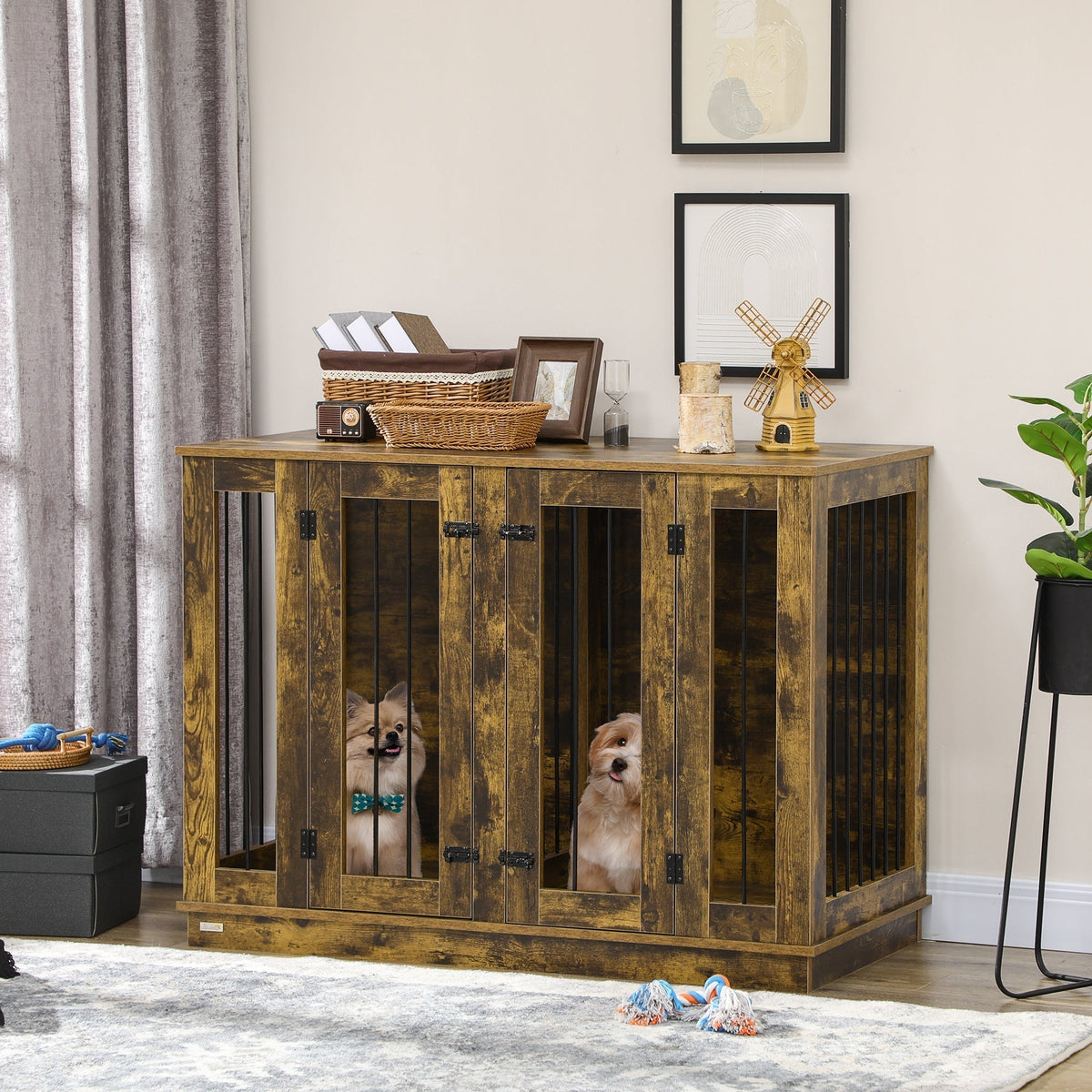 Large Furniture Style Dog Crate with Removable Panel, End Table with Two Rooms Design and Two Front Doors, Rustic Brown, 47" x 23.5" x 35"