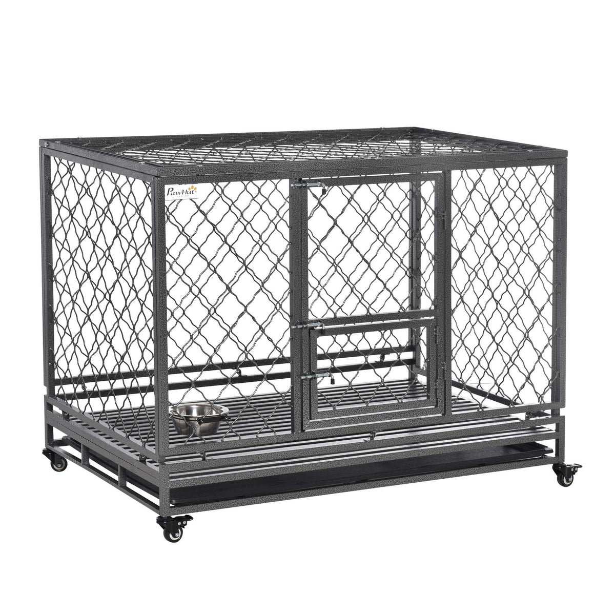 Heavy Duty Dog Cage Metal Kennel and Crate Dog Playpen with Lockable Wheels, Slide-out Tray, Food Bowl and Double Doors