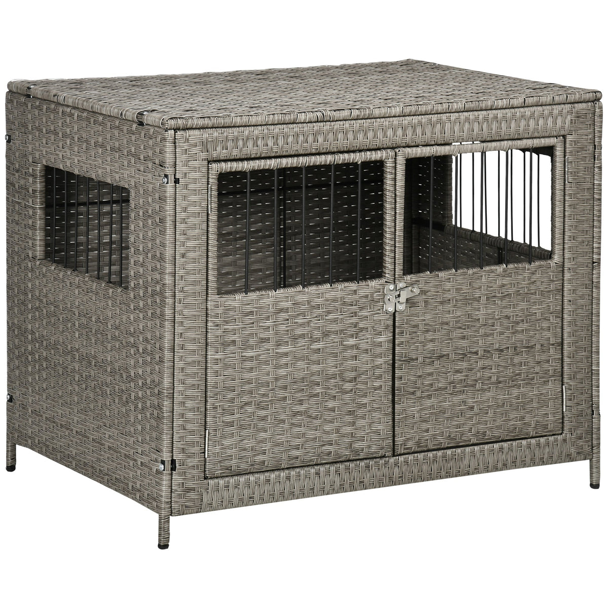 Rattan Dog Crate with Double Doors, Wicker Dog Cage with Soft Washable Cushion, Dog Kennel Furniture for Medium to Large Sized Dogs, Grey