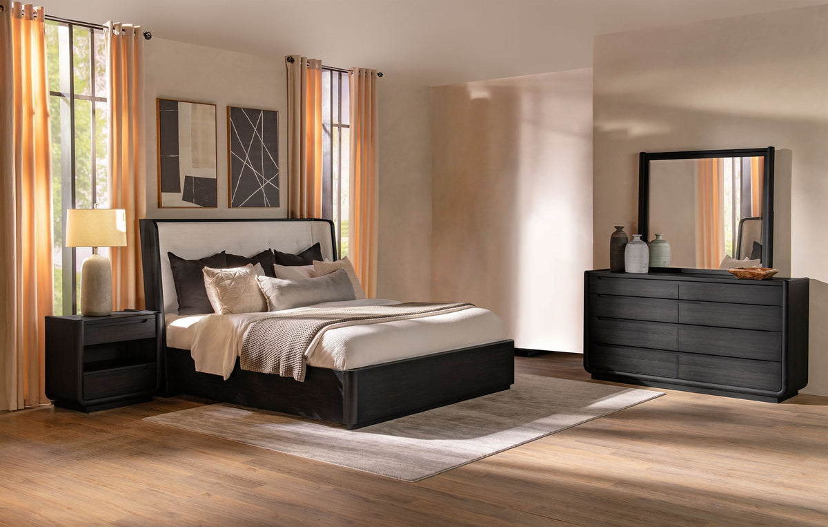 Coaster Fine Furniture Leandro Burnished Black Bedroom Set with Cream Upholstered Wingback Bed