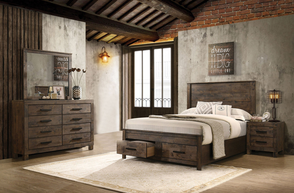 Coaster Fine Furniture Woodmont Bedroom Set – Rustic Golden Brown Wire-Brushed Hardwood with Storage Drawers & Bar Handles