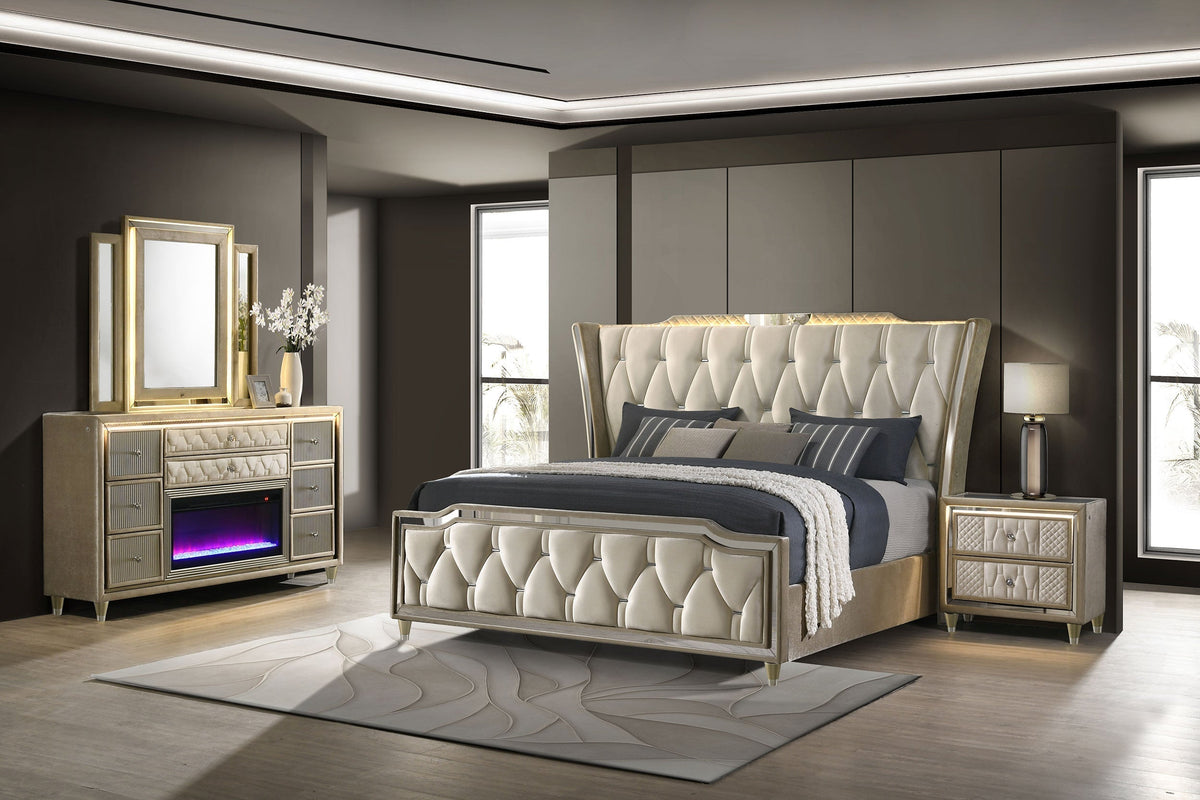 Coaster Fine Furniture Lorient Velvet Bedroom Set with LED Lighting and USB Charging