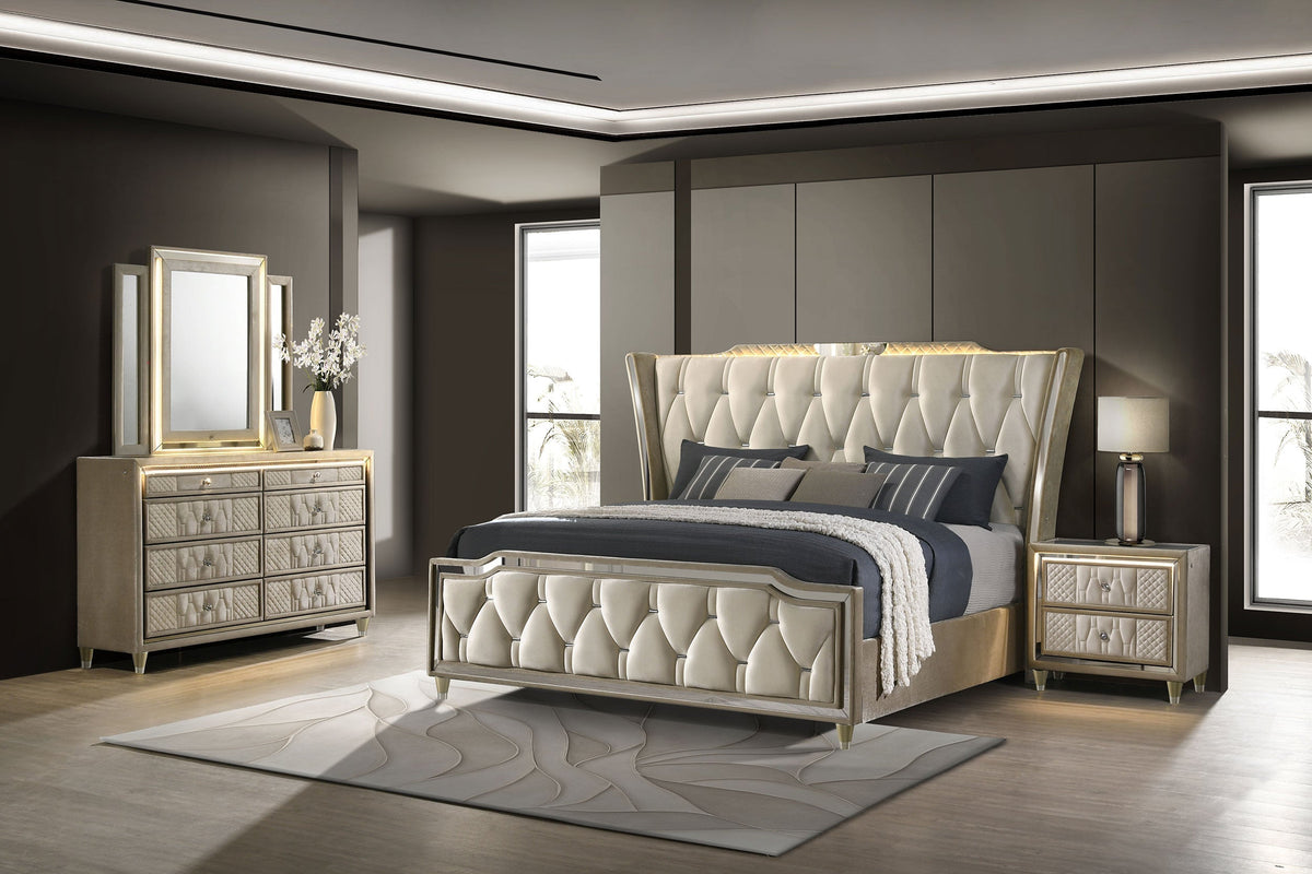 Coaster Fine Furniture Lorient Velvet Bedroom Set with LED Lighting and USB Charging