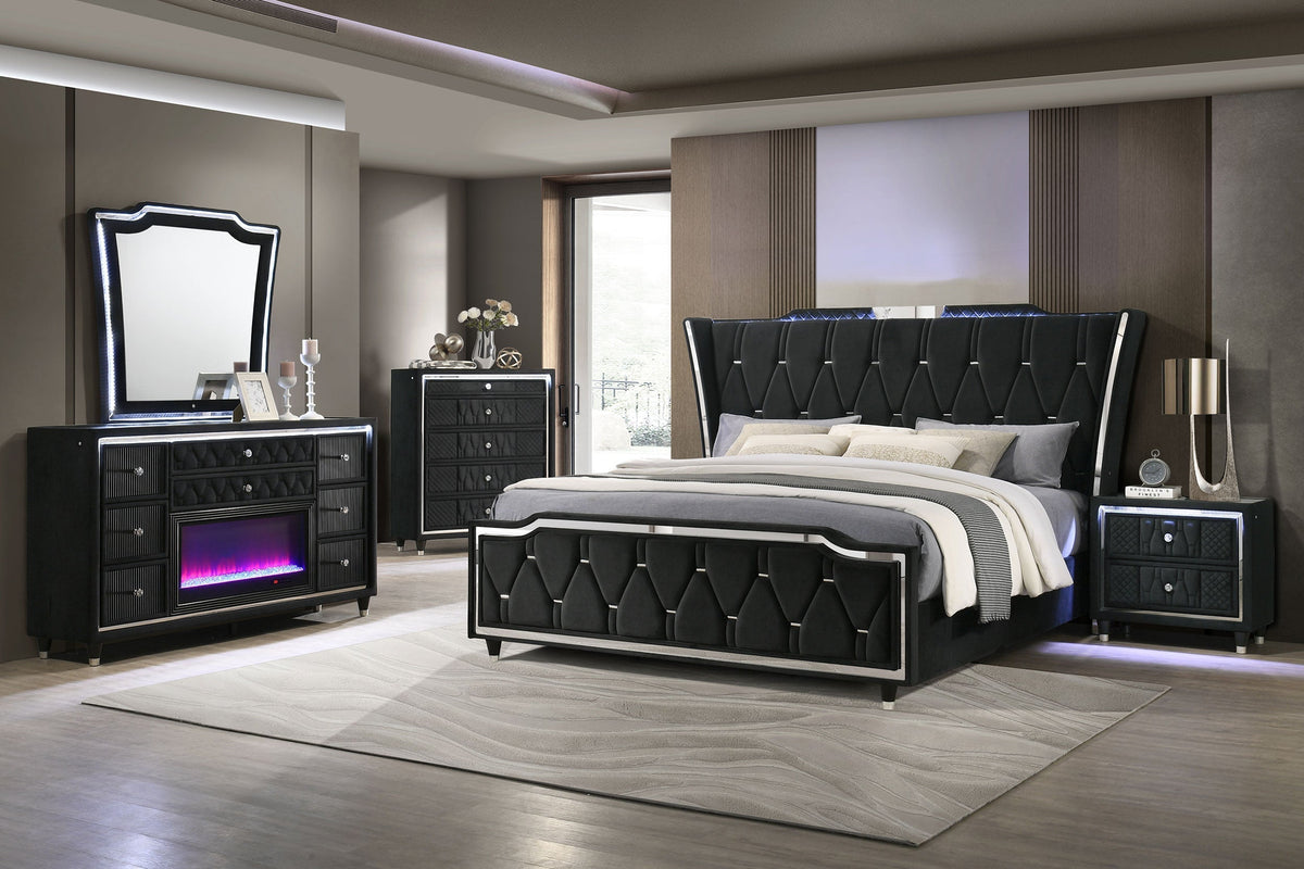 Coaster Fine Furniture Lorient Velvet Bedroom Set with LED Lighting and USB Charging