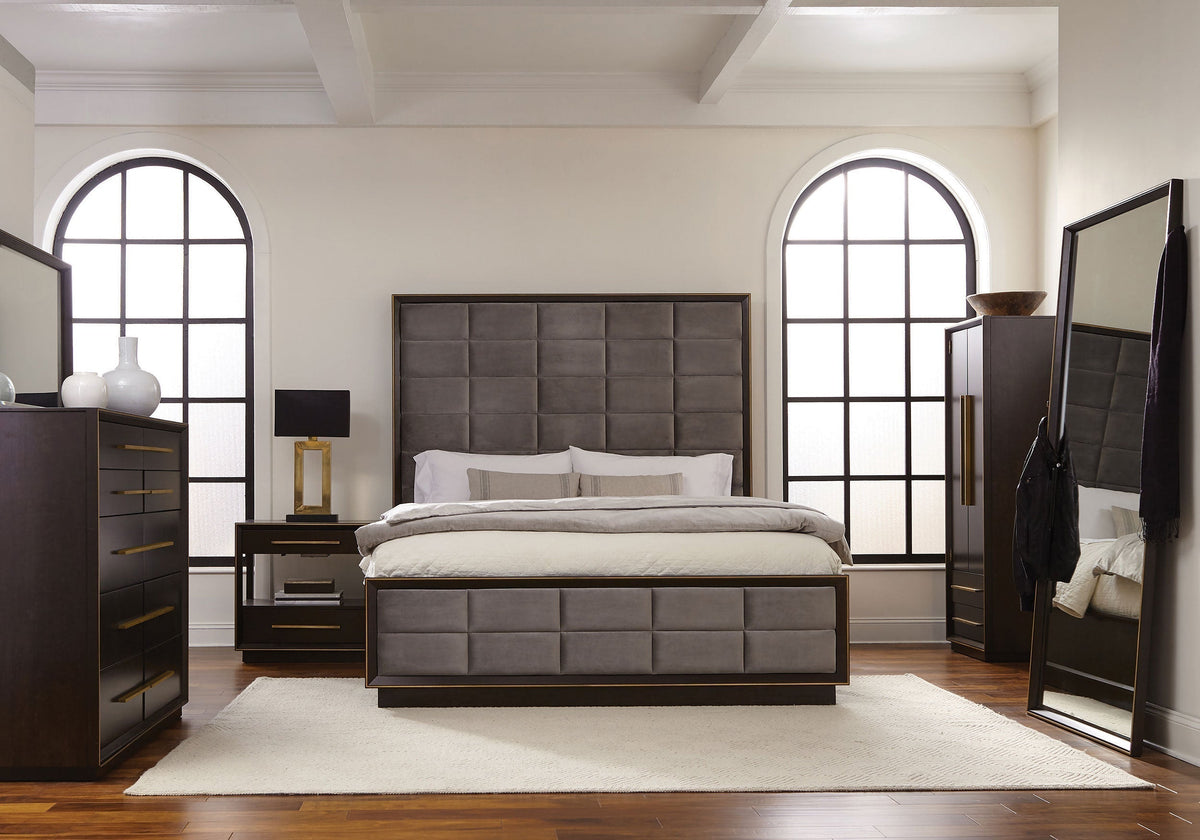 Coaster Fine Furniture Durango Bedroom Set – Grid-Tufted Velvet Headboard & Gold Hardware