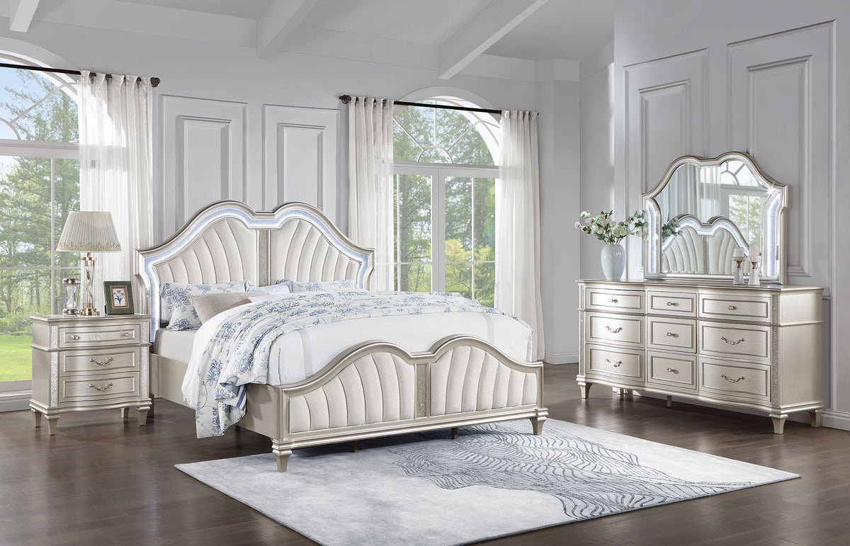 Coaster Fine Furniture Evangeline Bedroom Set – Glam Silver Oak Finish, Double Arch Tufted Headboard, USB Nightstand & Felt-Lined Drawers