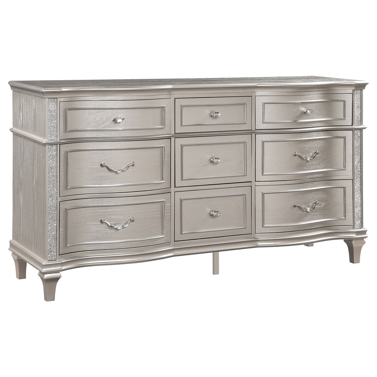 Coaster Fine Furniture Evangeline Bedroom Set – Glam Silver Oak Finish, Double Arch Tufted Headboard, USB Nightstand & Felt-Lined Drawers