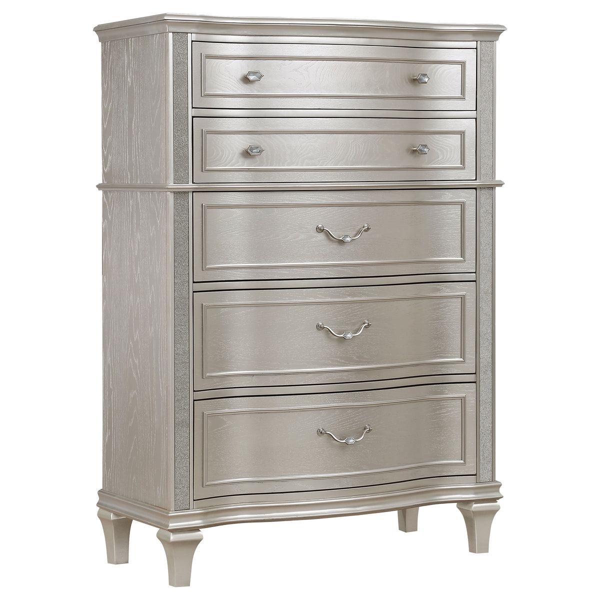 Coaster Fine Furniture Evangeline Bedroom Set – Glam Silver Oak Finish, Double Arch Tufted Headboard, USB Nightstand & Felt-Lined Drawers