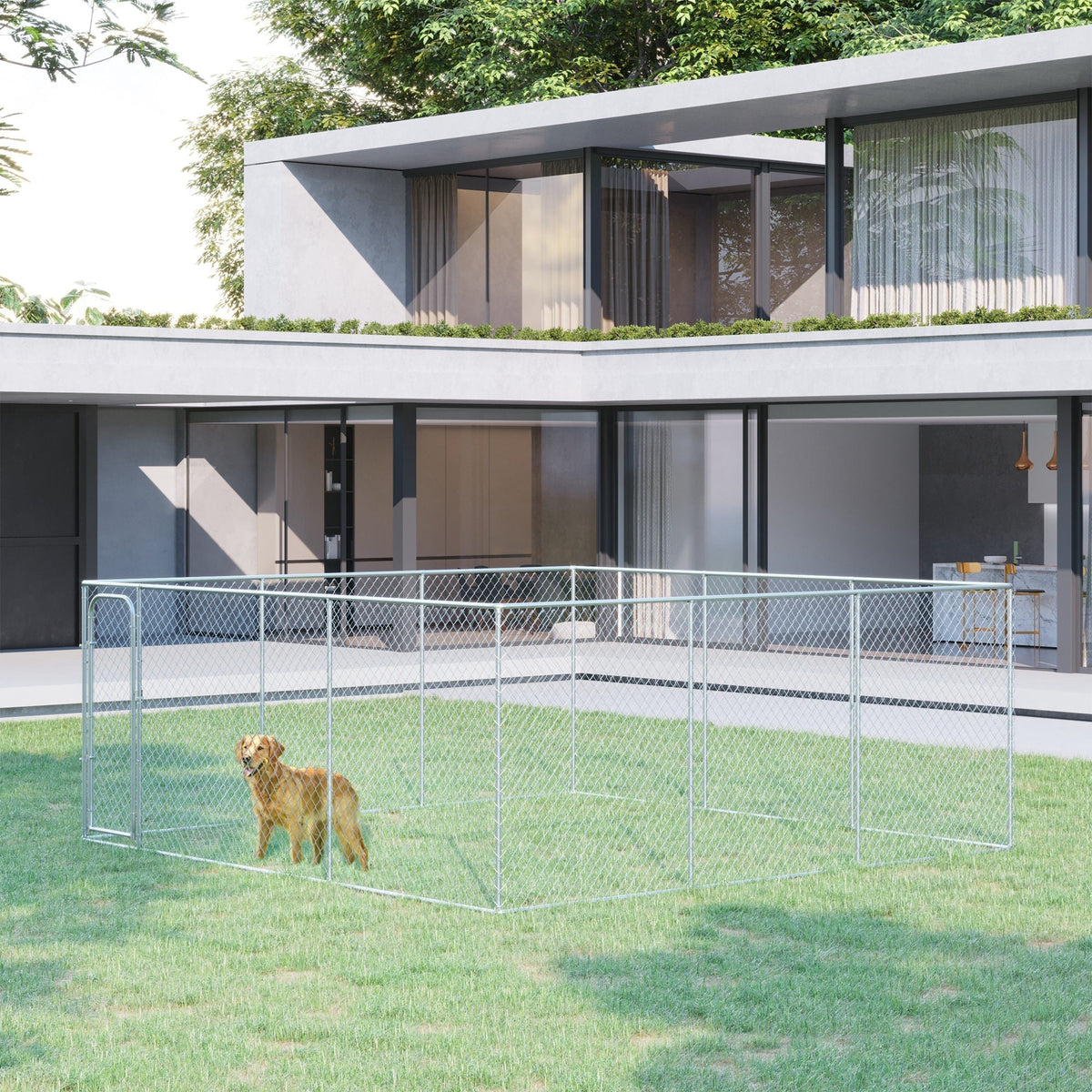 Silver Outdoor Dog Kennel Galvanized Chain Link Fence Heavy Duty Pet Run House Chicken Coop with Secure Lock Mesh Sidewalls for Backyard, Silver