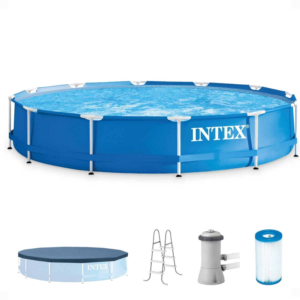 Intex 12'x30" Swimming Pool w/ Pump, Pool Ladder for 42” Wall, & 12’ Cover image 0