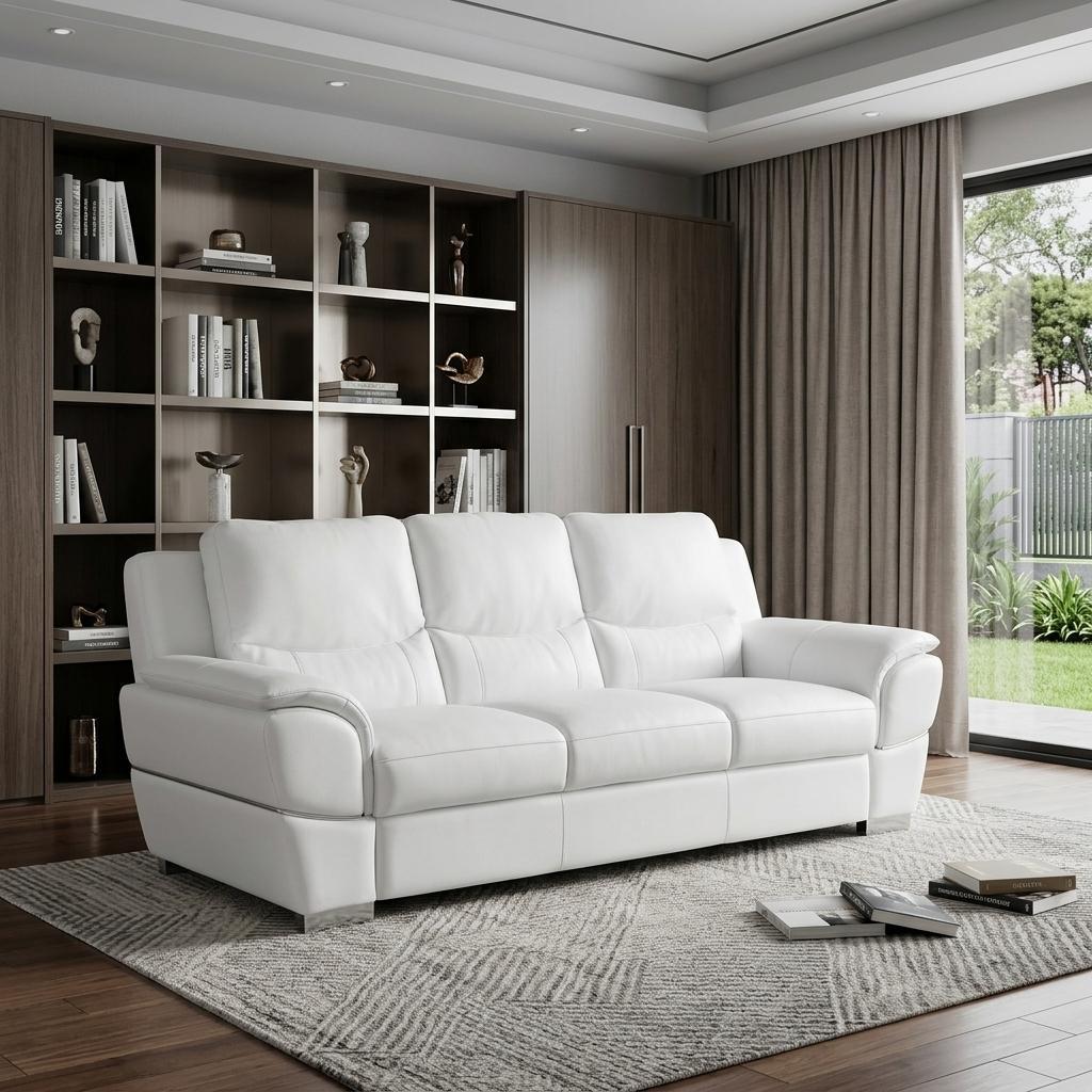 The Lena – White Leather Sofa with Silver Legs