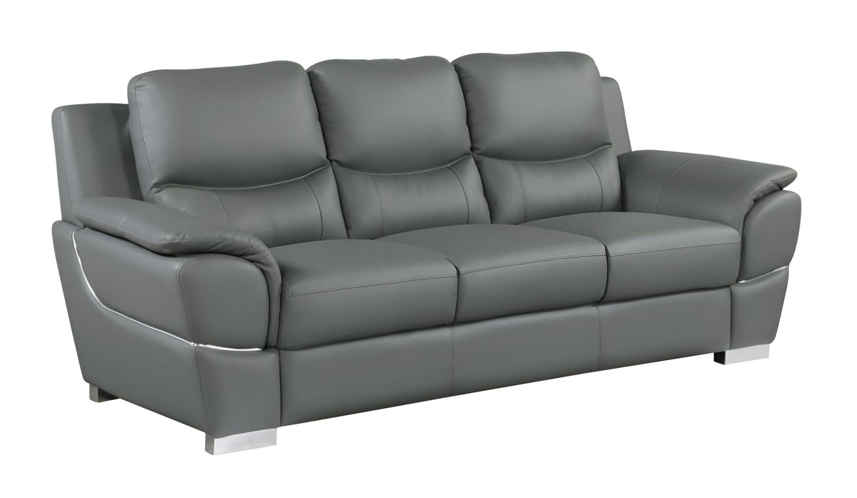 The Halston – 85" Gray Leather Sofa With Silver Legs