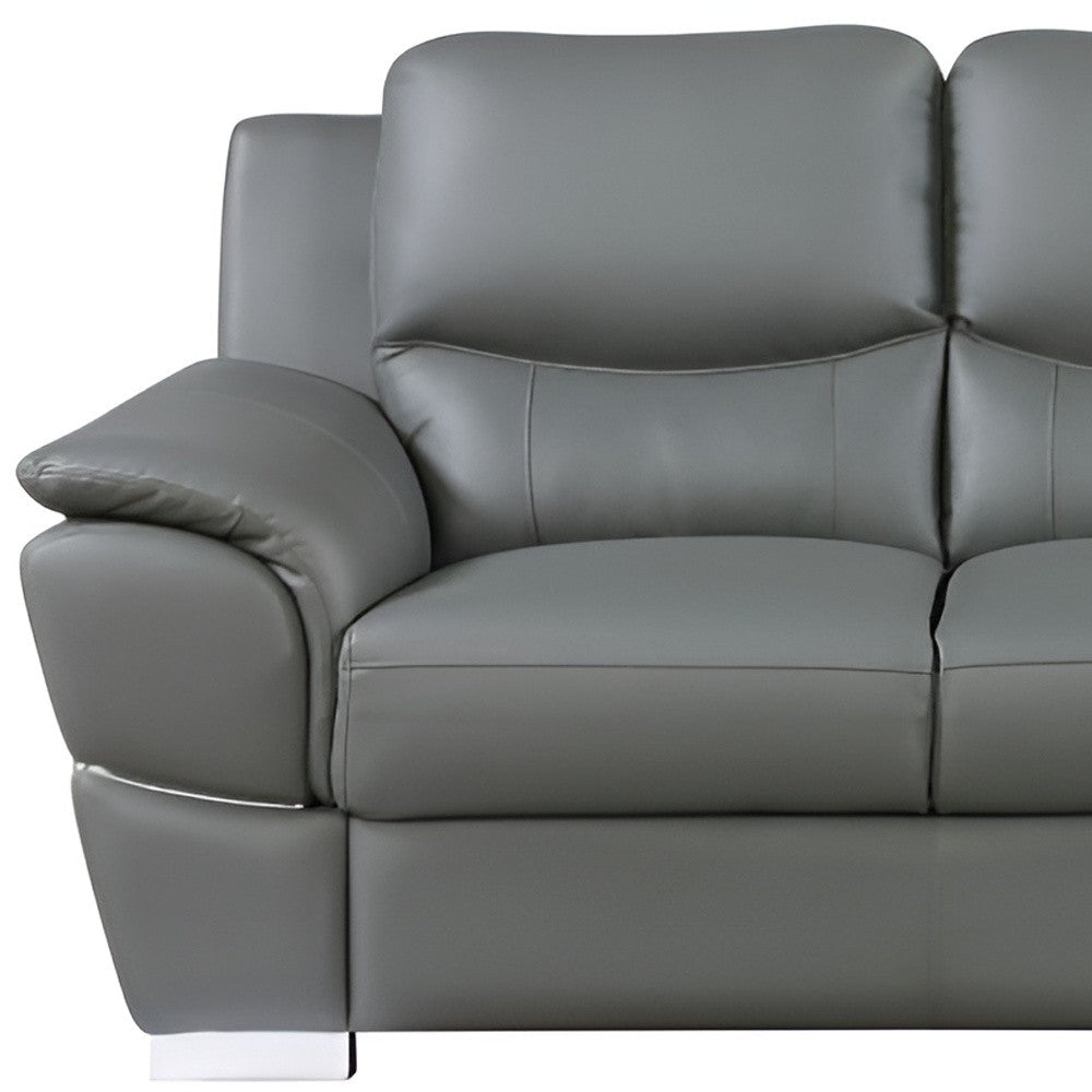 The Halston – 85" Gray Leather Sofa With Silver Legs