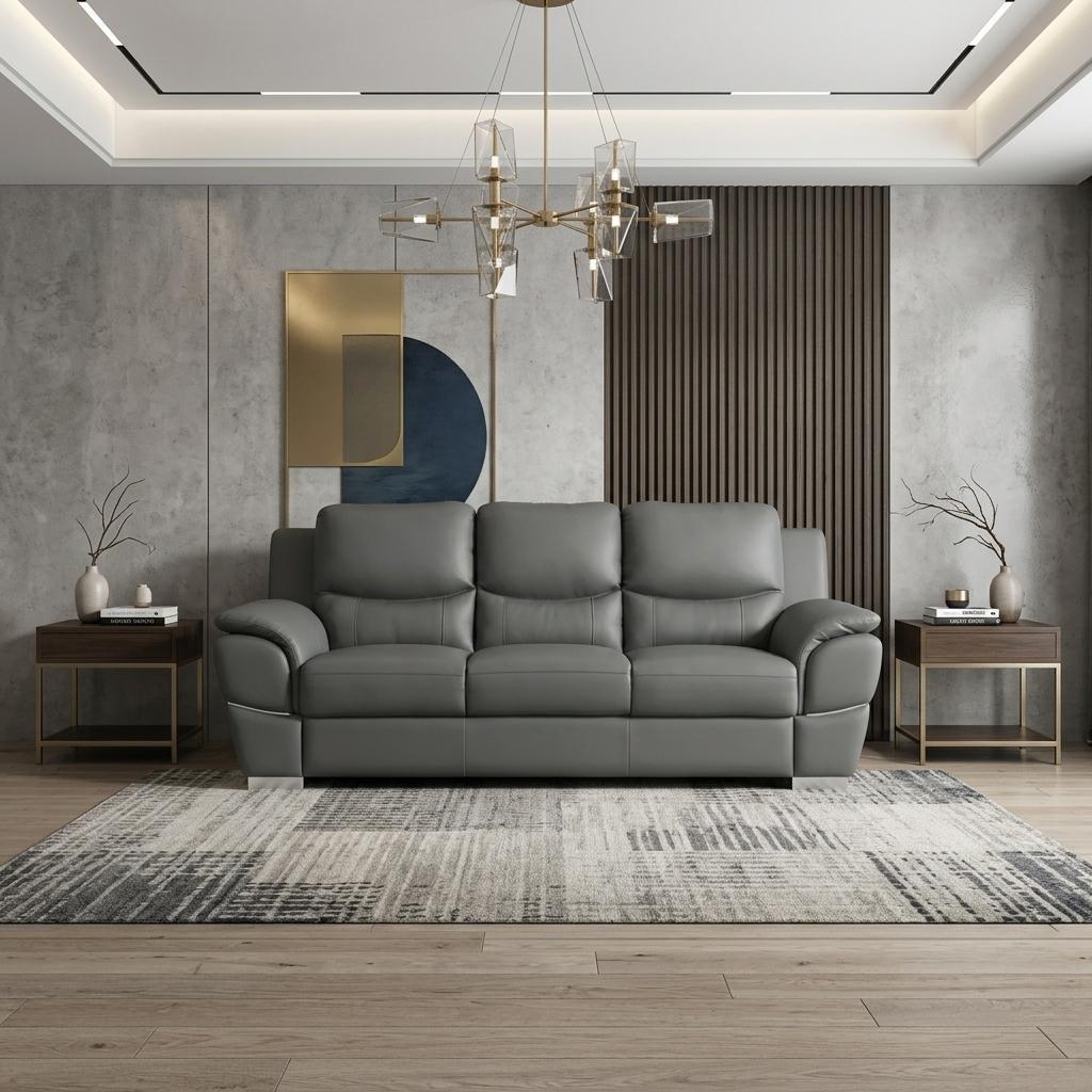 The Halston – 85" Gray Leather Sofa With Silver Legs