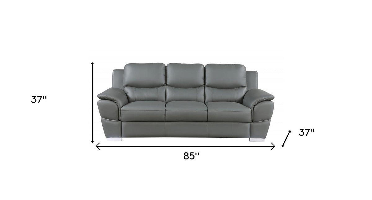The Halston – 85" Gray Leather Sofa With Silver Legs
