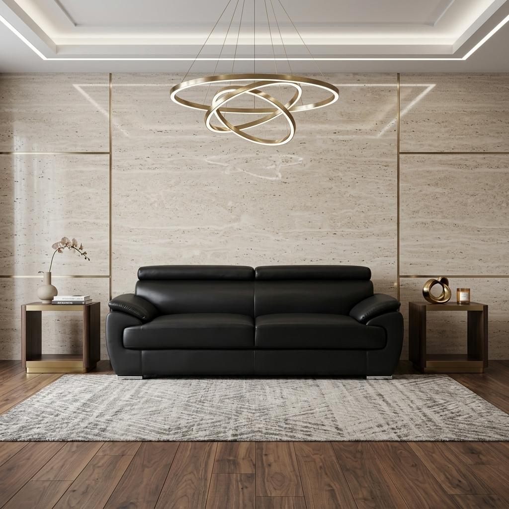 The Nightfall – Black Genuine Leather Sofa with Silver Legs