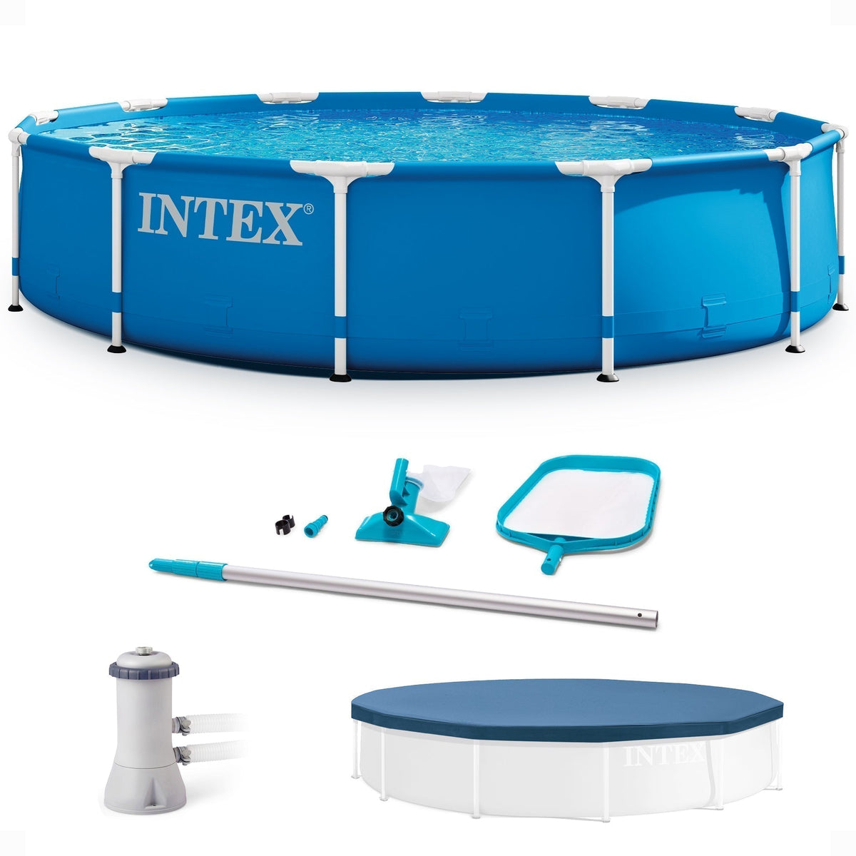 INTEX 12' x 30" Metal Frame Above Ground Pool, Filter, Cover, & Maintenance Kit image 0