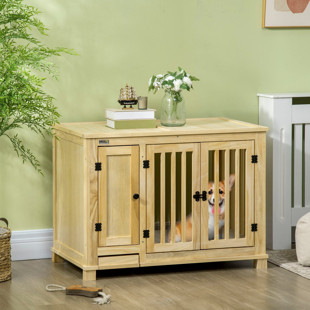 Wooden Dog Crate, Indoor Dog Kennels with Cushion Drawer Bowl Storage for Small Dogs, 37.5" x 23" x 27.5", Natural