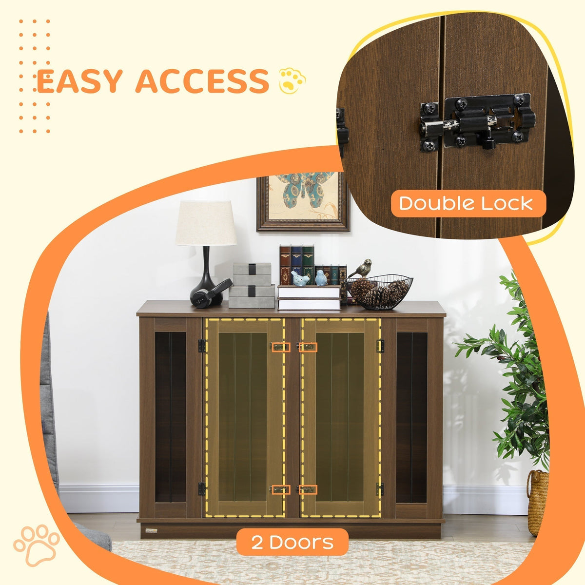 Large Furniture Style Dog Crate with Removable Panel, End Table with Two Rooms Design and Two Front Doors, Walnut, 47" x 23.5" x 35"