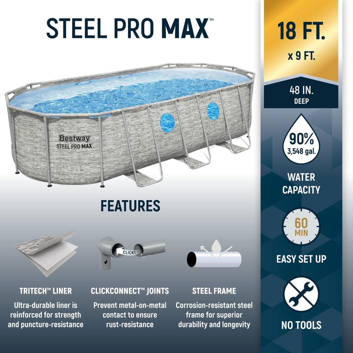 Bestway Power Steel Swim Vista 18' x 9' x 48" Above Ground Swimming Pool Set image 1