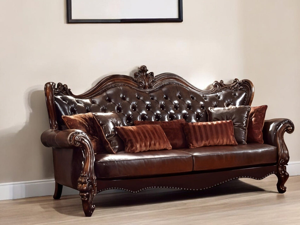 The Beaumont – Brown Faux Leather Sofa with Toss Pillows