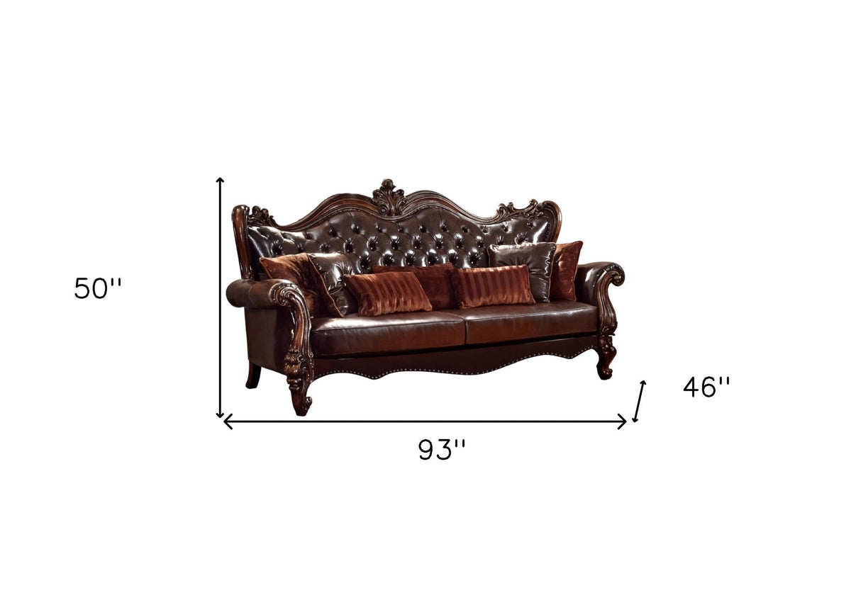 The Beaumont – Brown Faux Leather Sofa with Toss Pillows