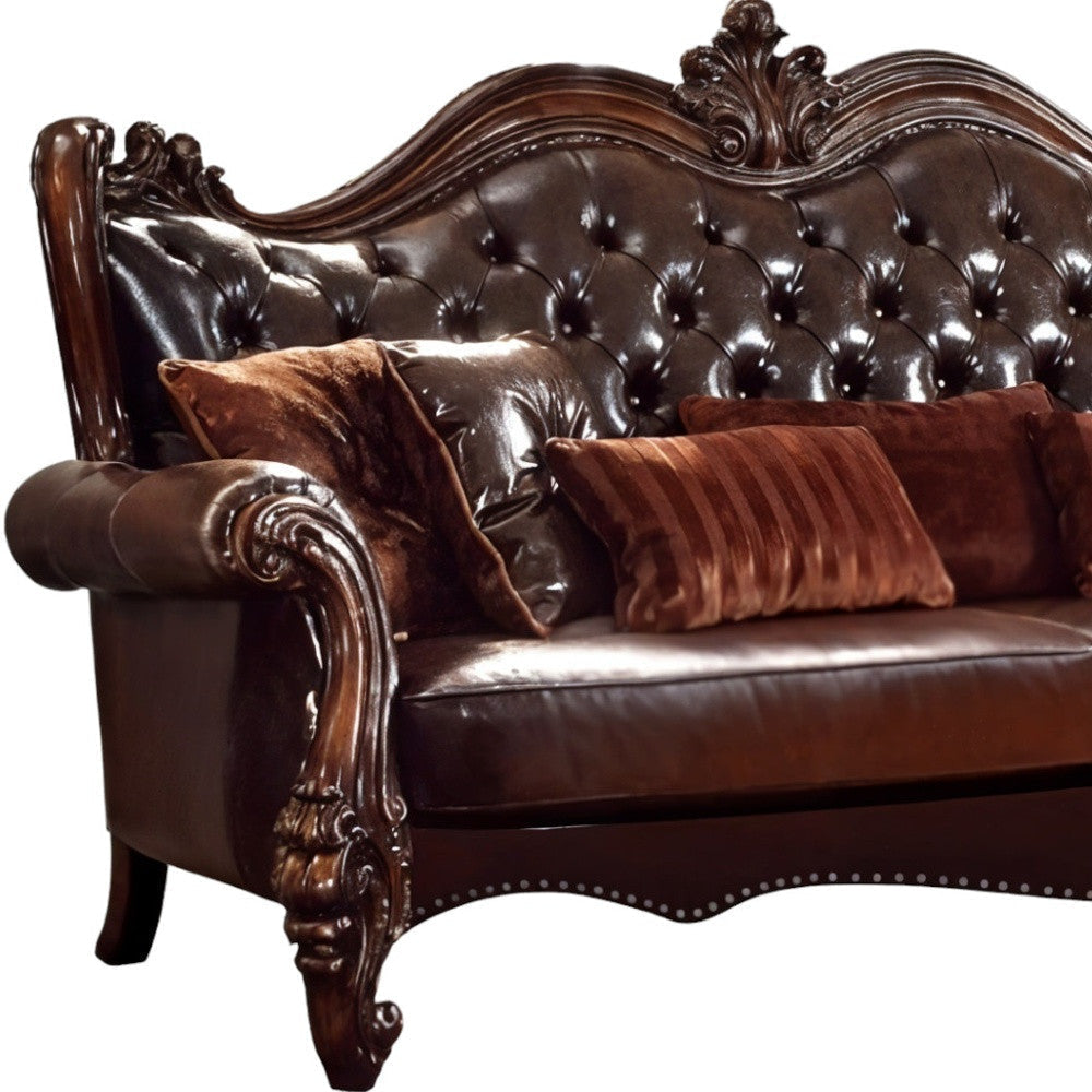 The Beaumont – Brown Faux Leather Sofa with Toss Pillows