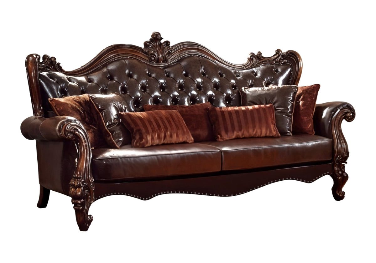 The Beaumont – Brown Faux Leather Sofa with Toss Pillows