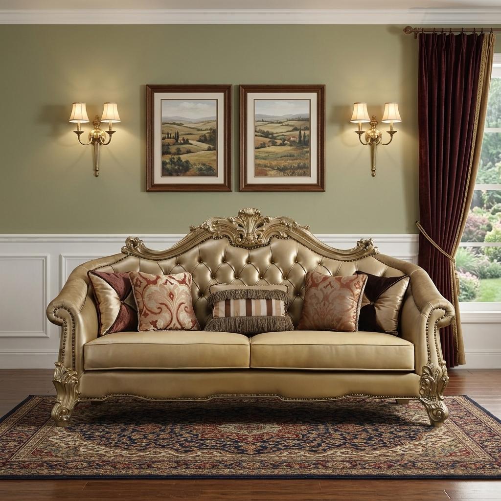 The Versailles – Bone Faux Leather Sofa with Gold Legs