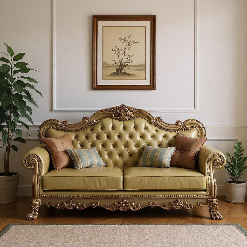 The Kensington – Bone Faux Leather Sofa with Toss Pillows