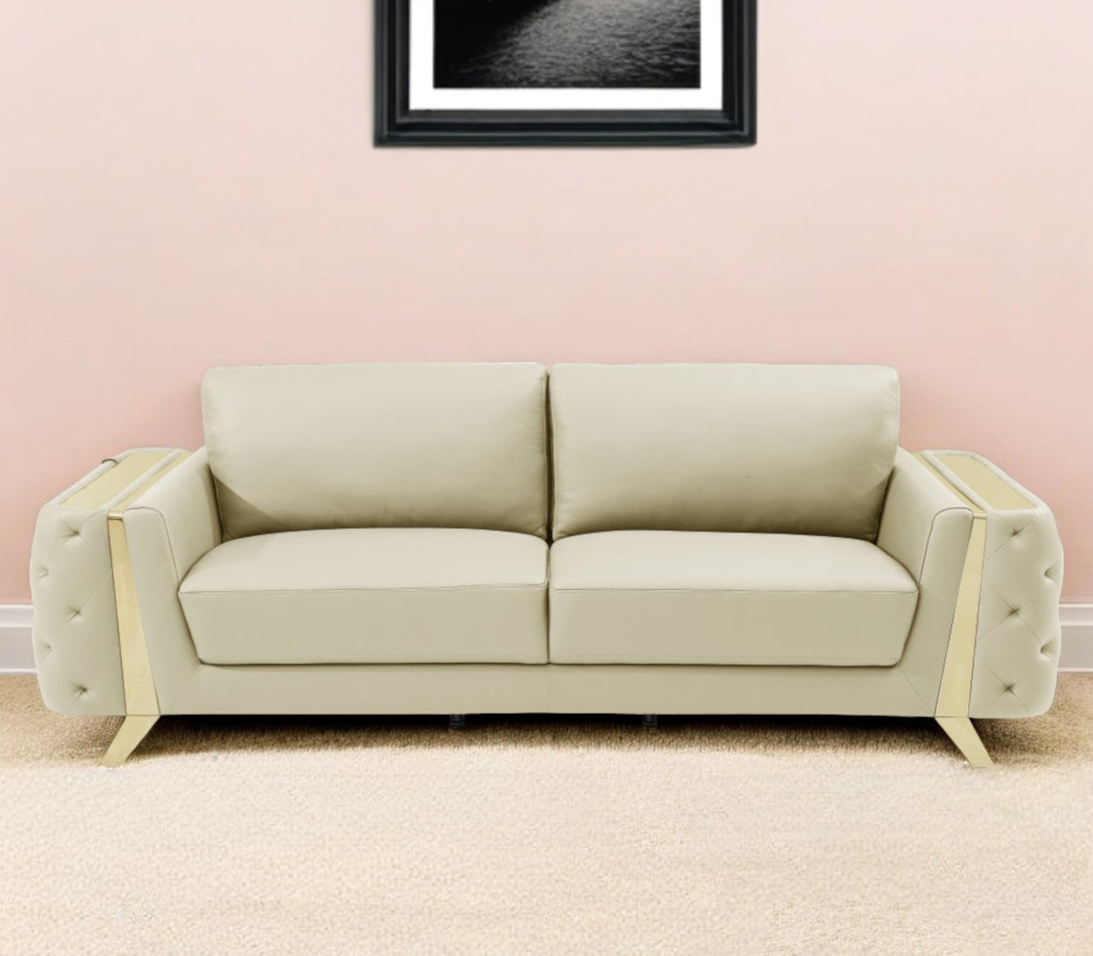 The Aldridge – Beige Italian Leather Sofa with Gold Legs