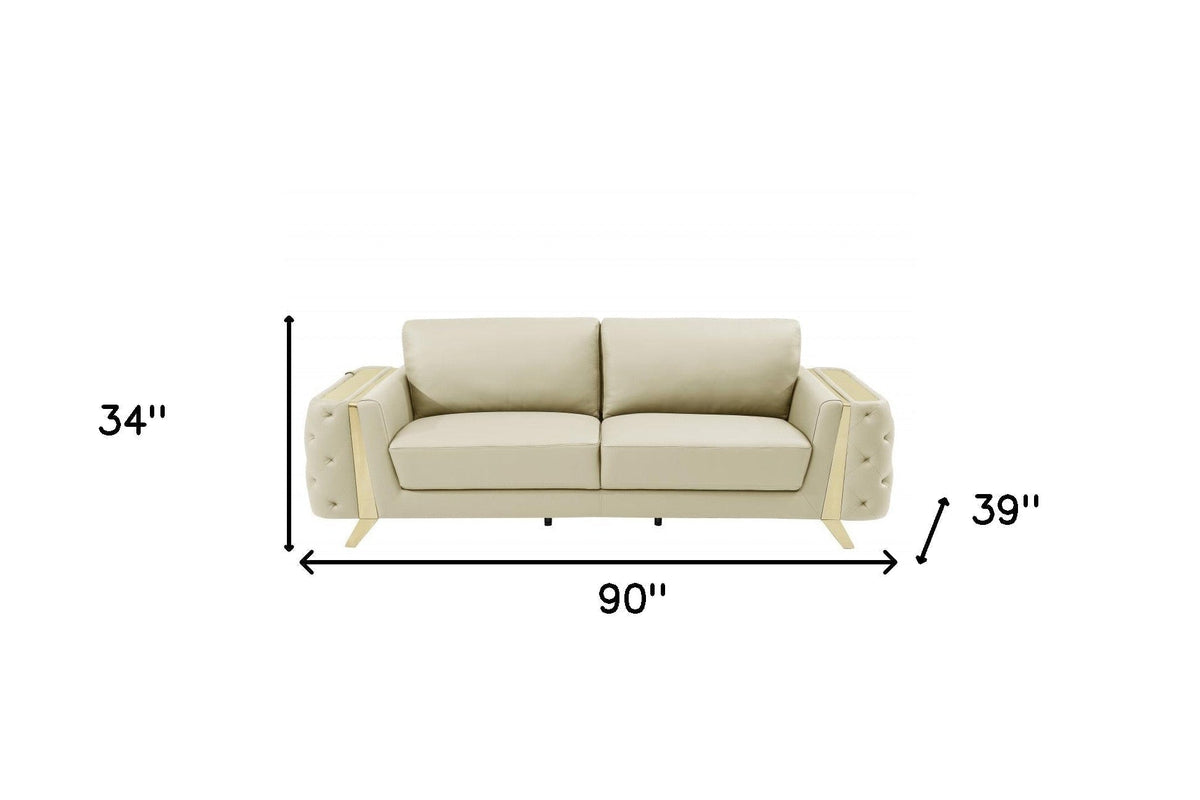 The Aldridge – Beige Italian Leather Sofa with Gold Legs